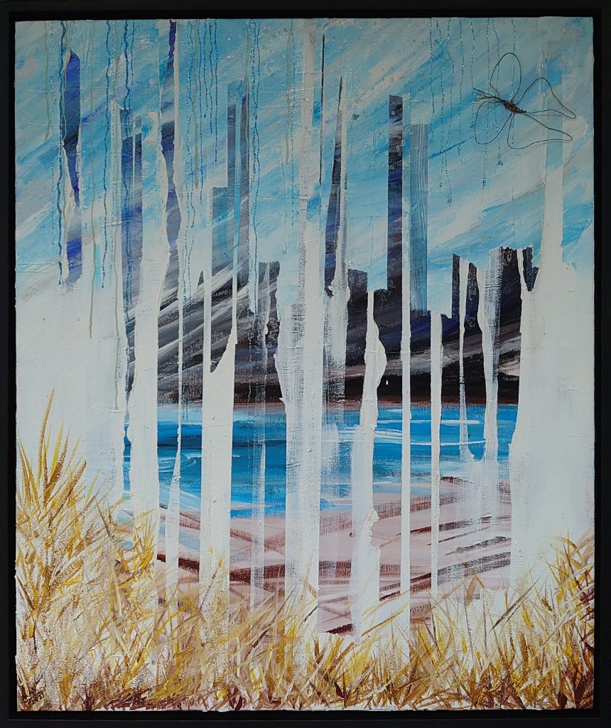 Maleri: I opløsning – Akryl, glimmerlim, kobbertråd mv på lærred. 50 x 60 cm + ramme (c) K.A. Kristensen