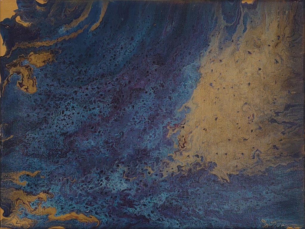 Maleri blå og guld 40x30 uden titel af Amanda Arndal Gravesen