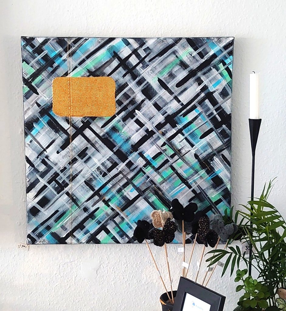 Stemningsbillede m maleri Grafisk No 9, Akryl mm på lærred 50x50 cm af K.A. Kristensen